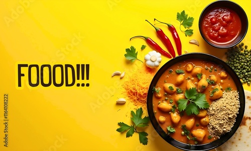 vibrant yellow food background with indian curry bowl and fresh herbs photo