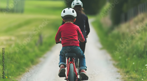 Two children ride bicycles along a scenic path, wearing helmets, surrounded by greenery and open fields, enjoying an outdoor adventure.
