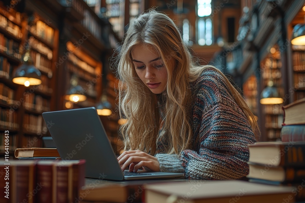 A young woman focuses intensely on her laptop in a faintly illuminated library, amidst bookshelves and fellow students A young woman focuses intensely on her laptop in a faintly illuminated library, amidst bookshelves and fellow students