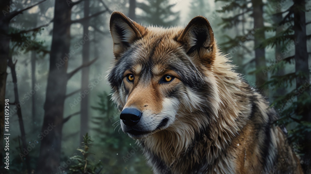 Fototapeta premium Here are a few options for your stock photo description, all under 200 characters:**Option 1 (Focus on mood):**> Majestic wolf portrait in misty forest