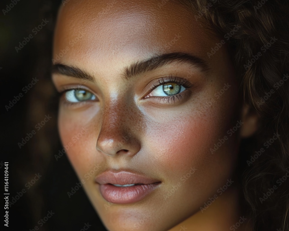 Close-up Portrait of a Woman with Freckles and Green Eyes Close-up Portrait of a Woman with Freckles and Green Eyes