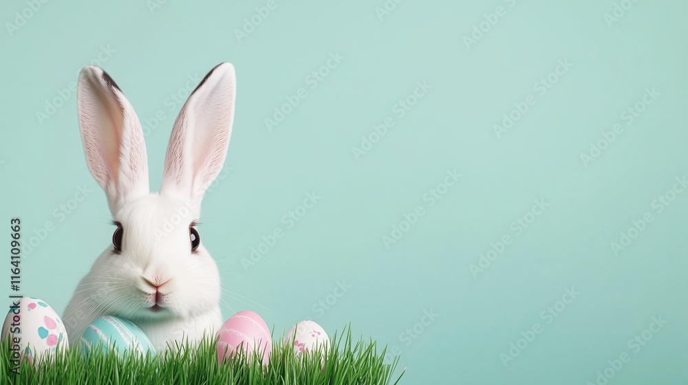 Obraz premium Cheerful Easter Invitation Featuring Colorful Decorated Eggs and Curious White Bunny in Grass Against Soft Pastel Blue Background