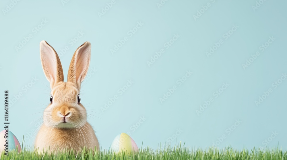 Obraz premium Adorable Easter Bunny With Colorful Eggs in Lush Spring Grass on Pastel Blue Background for Festive Holiday Card Design