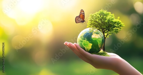 Fototapeta Naklejka Na Ścianę i Meble -  Hand holding a green planet with a tree and butterfly, earth day concept
