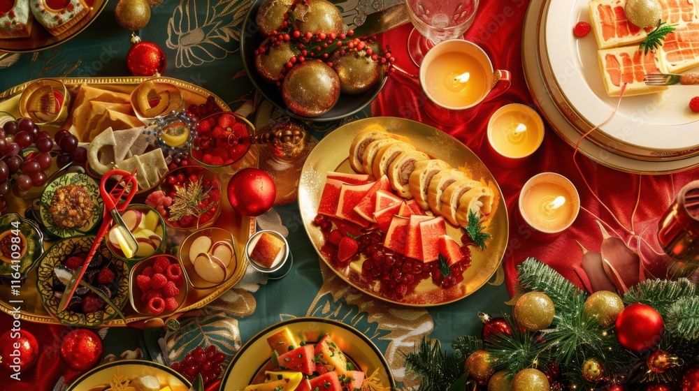 Fototapeta premium New Years Day brunch spread on a table with 2025-themed plates, cups, and napkins. 