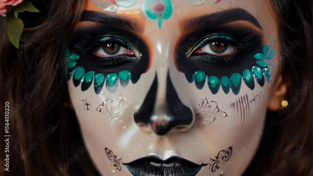 Portrait of a woman with traditional Mexican sugar skull makeup for Dia de los Muertos. Cultural and holiday concept Portrait of a woman with traditional Mexican sugar skull makeup for Dia de los Muertos. Cultural and holiday concept