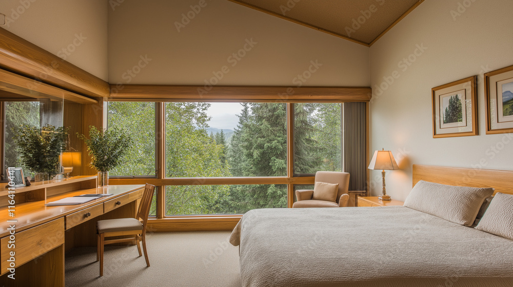 Fototapeta premium Serene Mountain Retreat: A tranquil bedroom bathed in natural light, featuring a plush bed, a cozy armchair, and a breathtaking view of a lush forest through expansive windows.