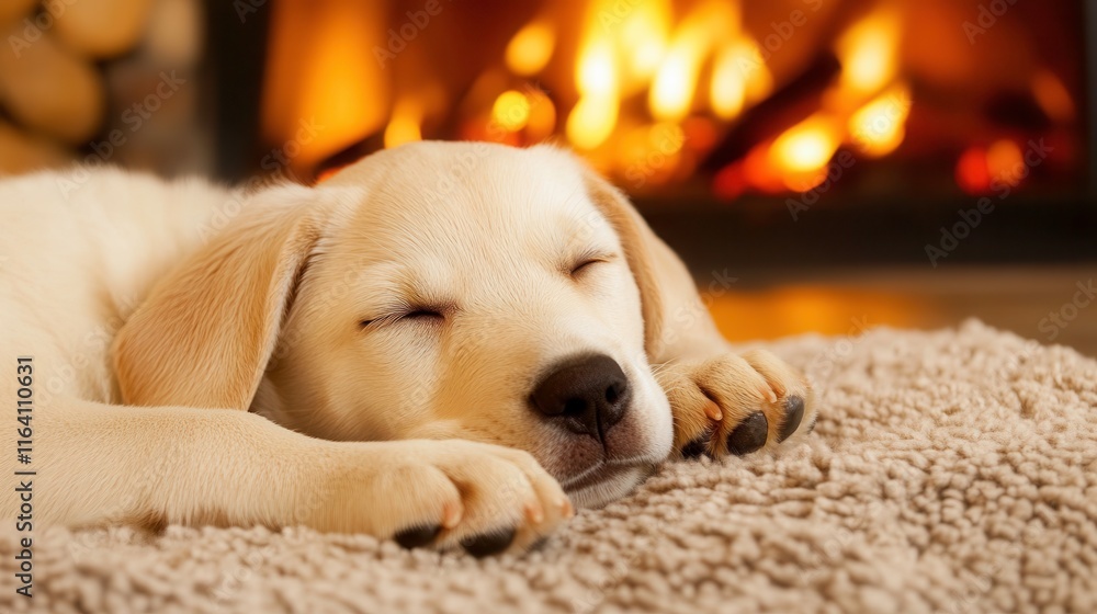 Obraz premium Cozy Puppy by the Roaring Fireplace