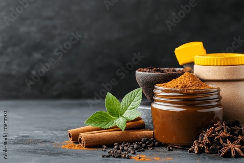 A jar of dark honey placed next to spices like cinnamon and cloves, suggesting a rich, warming flavor photo