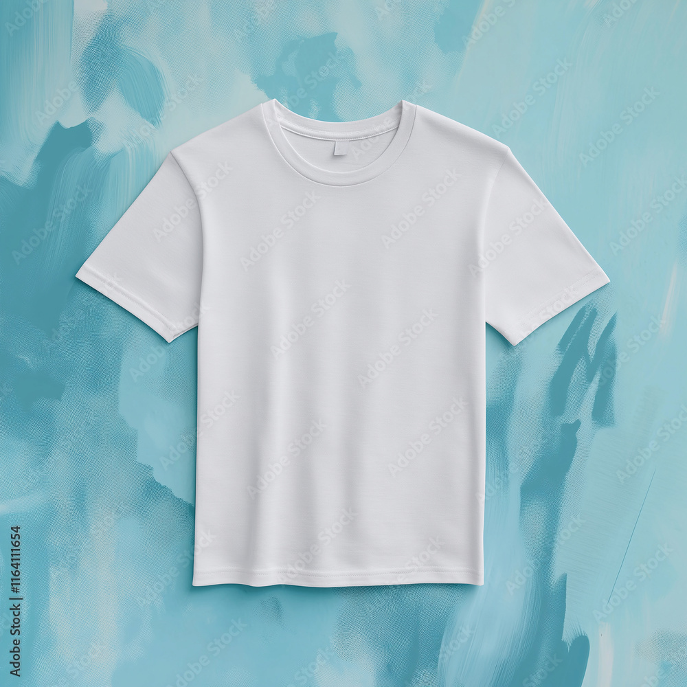 White t-shirt mockup on a pastel blue background with paint splash, High-resolution product photo for a design template. White t-shirt mockup on a pastel blue background with paint splash, High-resolution product photo for a design template.