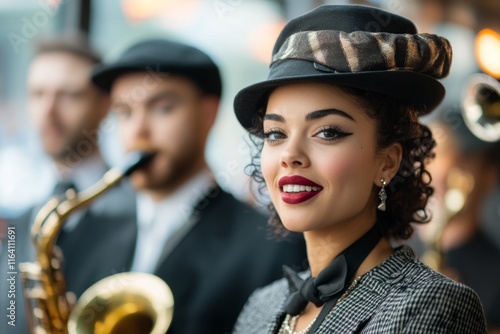 A jazz vocalist in a chic outfit, belting out a soulful tune as the band accompanies her photo