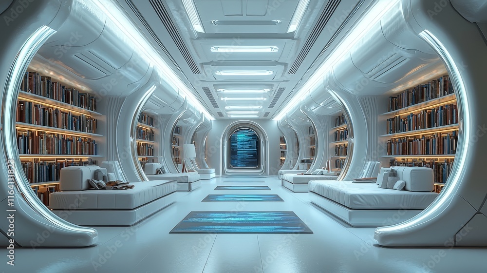 Obraz premium A futuristic library featuring interactive holographic books and learning pods