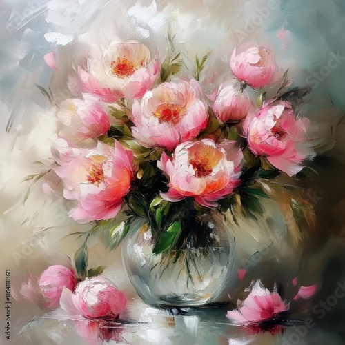 Fototapeta Naklejka Na Ścianę i Meble -  Captivating depiction of pink peonies in a decorative vase.