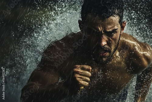 Man Running Through Rainstorm with Intense Expression