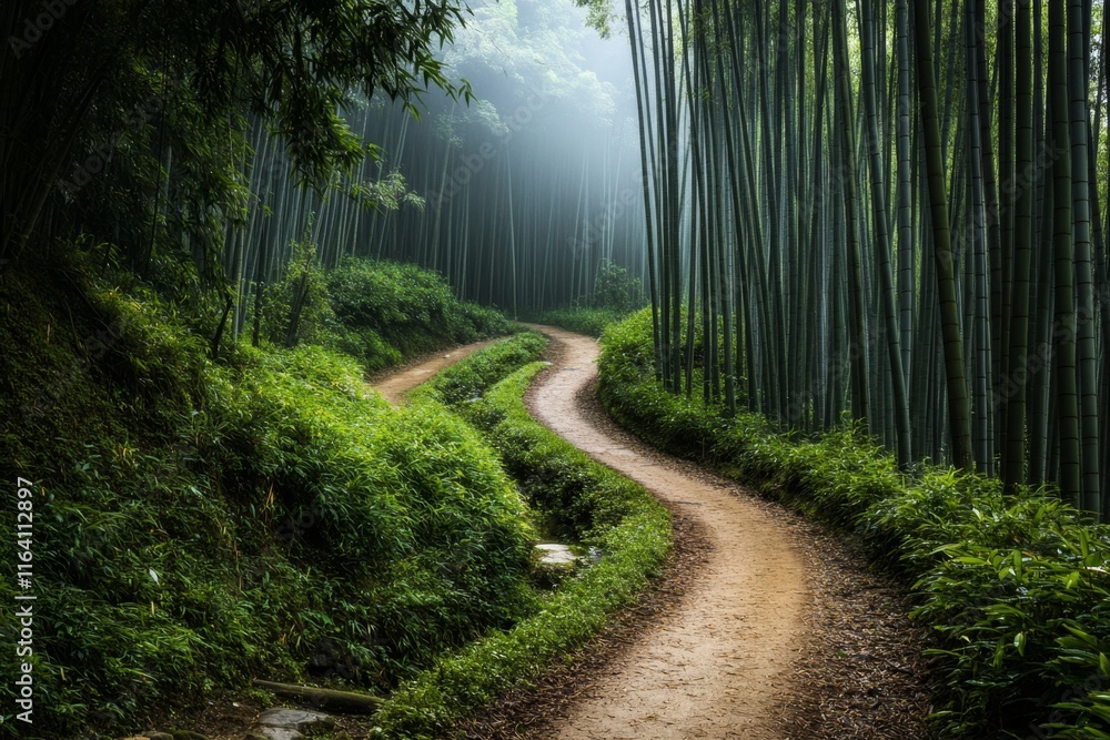 Obraz premium A lush bamboo forest trail in Izu, with sunlight streaming through the towering green stalks