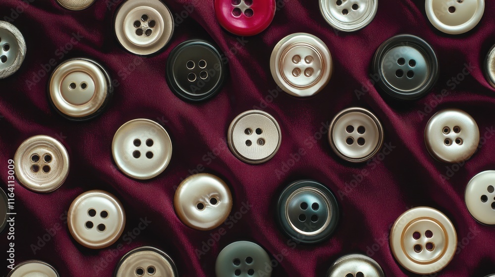 Fototapeta premium Colorful Buttons Arranged on Silk Fabric Background for Craft Projects