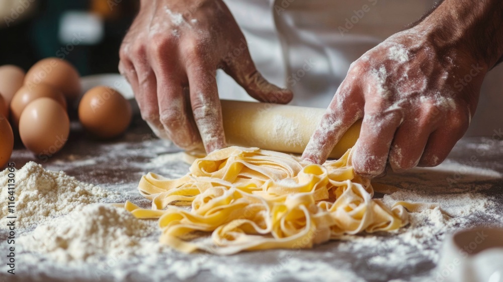 In a cozy kitchen, a chef skillfully rolls out fresh pasta dough using a wooden rolling pin, surrounded by flour and eggs. The warm atmosphere highlights the artistry of homemade pasta preparation. In a cozy kitchen, a chef skillfully rolls out fresh pasta dough using a wooden rolling pin, surrounded by flour and eggs. The warm atmosphere highlights the artistry of homemade pasta preparation.