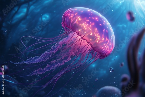 A magical jellyfish with glowing, jewel-like patterns on its body, floating in a luminous enchanted underwater forest