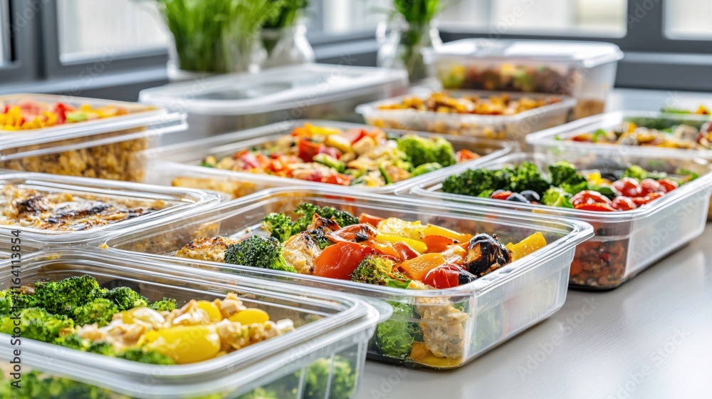 Freshly Prepared Meal Containers with Colorful Vegetables and Healthy Ingredients Freshly Prepared Meal Containers with Colorful Vegetables and Healthy Ingredients