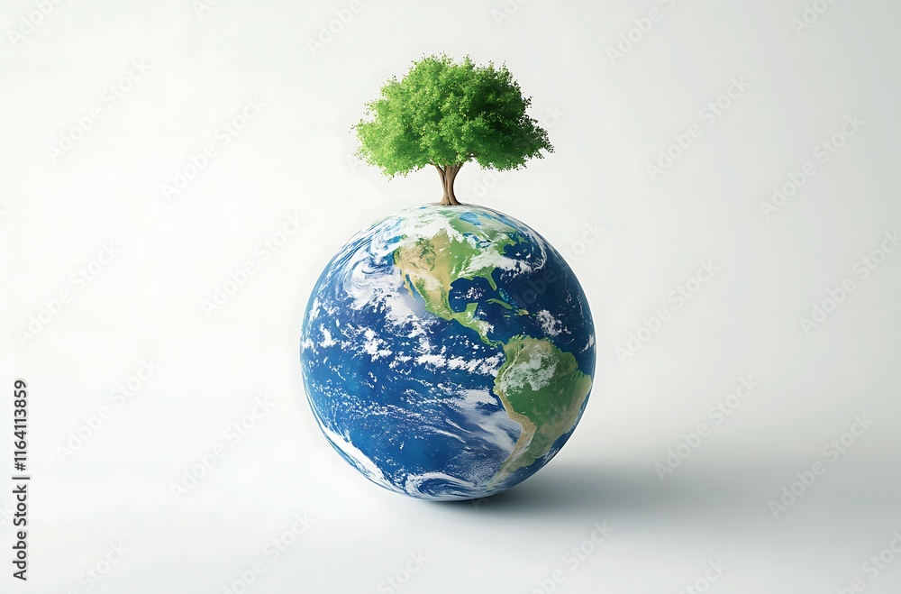 3D illustration of the Earth with a tree on top, earth day concept 3D illustration of the Earth with a tree on top, earth day concept