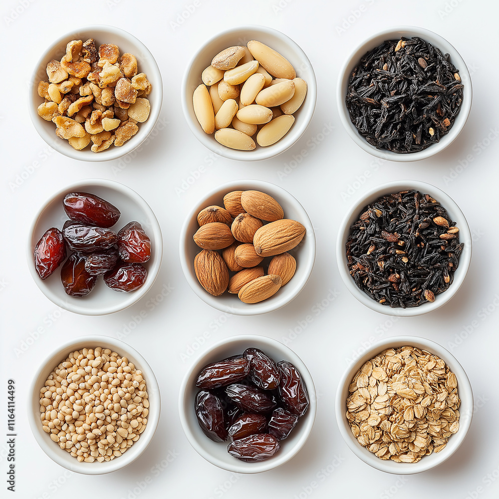 A variety of granola ingredients, including millet and wheat berries, sun-dried red dates, black tea leaves, pine nuts, walnuts, and raw peanuts, arranged in a grid on a white background. A variety of granola ingredients, including millet and wheat berries, sun-dried red dates, black tea leaves, pine nuts, walnuts, and raw peanuts, arranged in a grid on a white background.