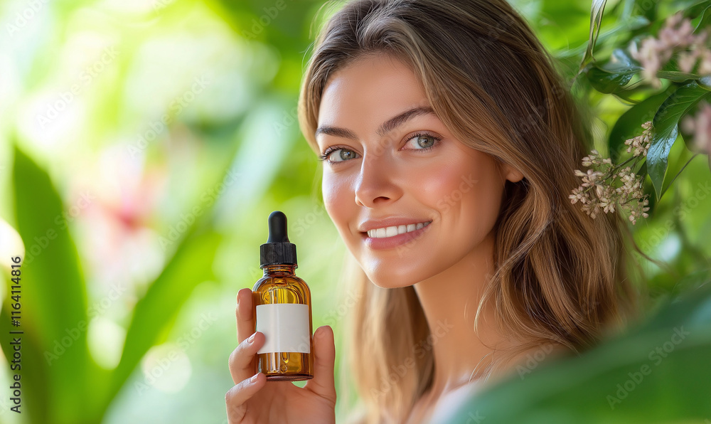 Fototapeta premium A beautiful woman holding an c glass bottle of face serum with a white label, in front of green plants and flowers, with a serene smile on her face. 