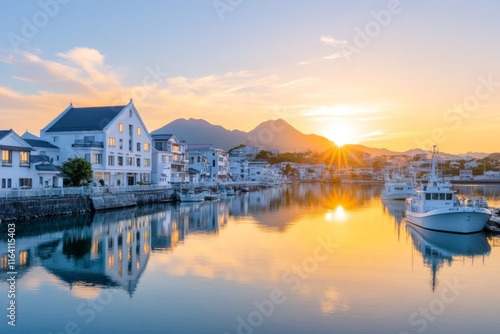 A peaceful boat ride through Matsuzaki in Izu, with calm waters reflecting the colorful scenery of traditional houses and mountains photo