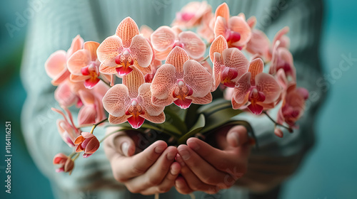 Person is holding a bouquet of pink flowers. photo