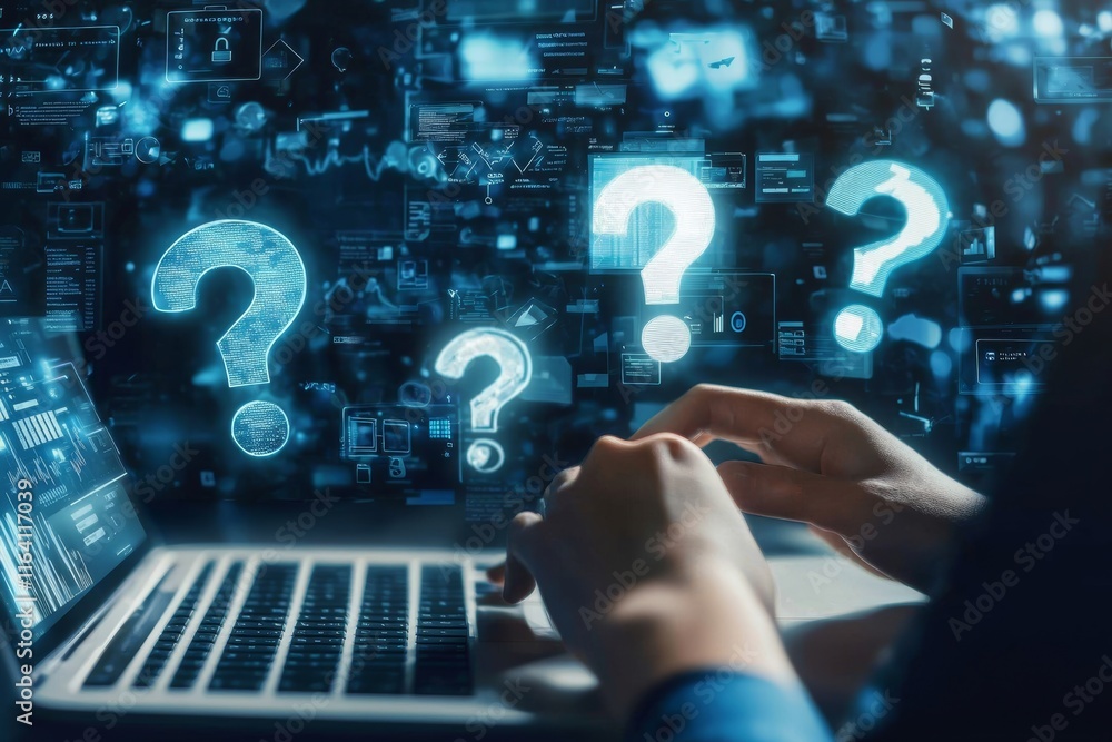 Someone is typing on a laptop with question marks floating above the keyboard, symbolizing a web design question scenario Someone is typing on a laptop with question marks floating above the keyboard, symbolizing a web design question scenario