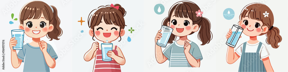 little girl drinking water vector set little girl drinking water vector set