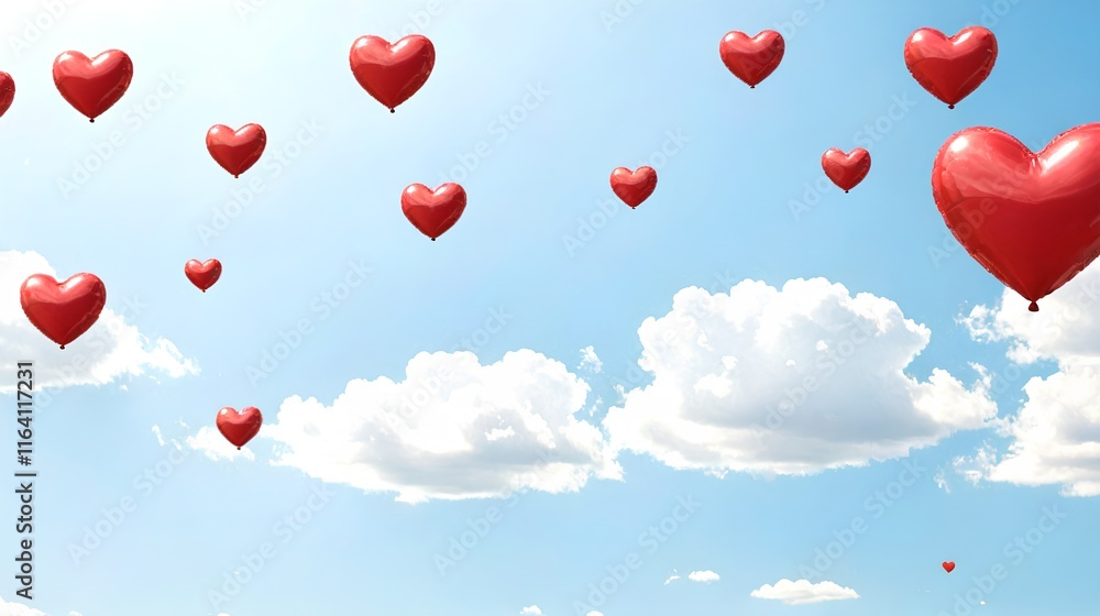 Floating Red Heart Balloons in a Blue Sky with Fluffy White Clouds Perfect for Romantic Themes, Valentine's Day, Celebratory Events and More Floating Red Heart Balloons in a Blue Sky with Fluffy White Clouds Perfect for Romantic Themes, Valentine's Day, Celebratory Events and More