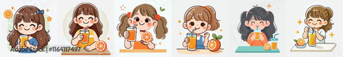 little girl vector set drinking orange juice