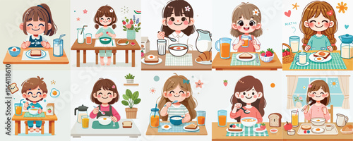 little girl vector set having breakfast