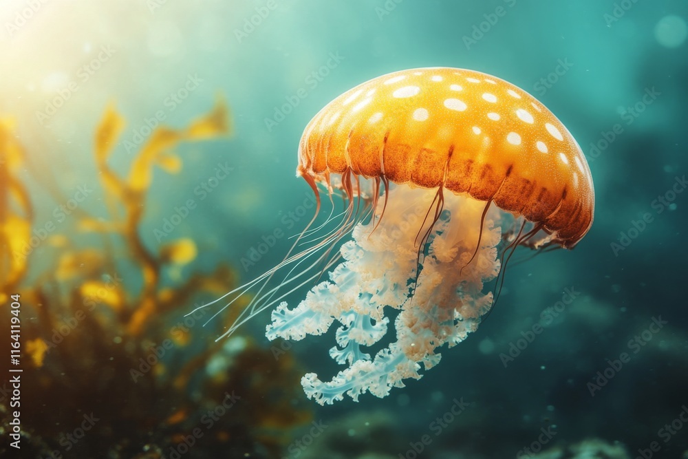 A solitary jellyfish in a crystal-clear ocean, with the sandy seabed and seaweed visible in the background A solitary jellyfish in a crystal-clear ocean, with the sandy seabed and seaweed visible in the background