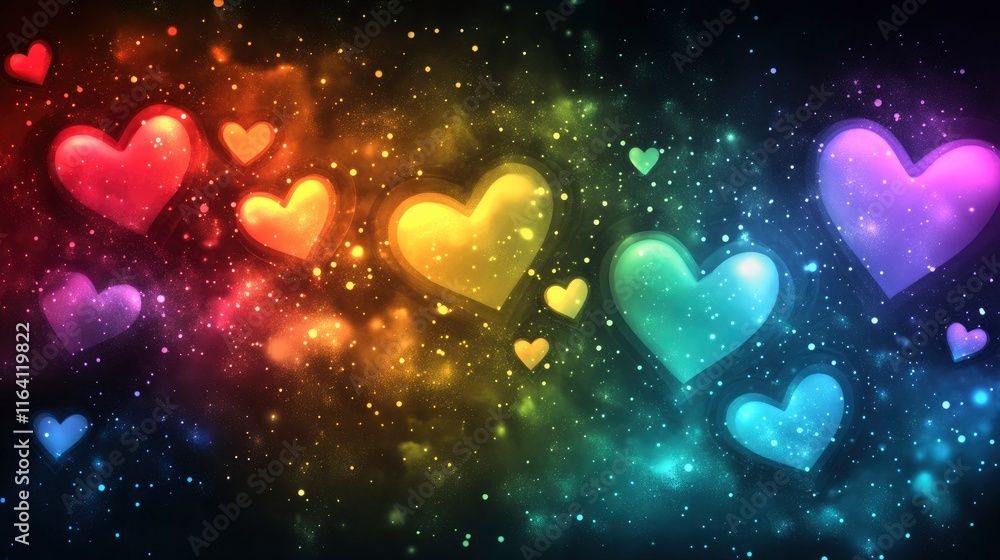 Rainbow fantasy background with stars and hearts. Holographic illustration in pastel colors. Bright multicolored sky. Rainbow fantasy background with stars and hearts. Holographic illustration in pastel colors. Bright multicolored sky.