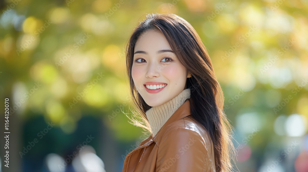 Japanese woman in brown leather jacket at city park at sunny morning Japanese woman in brown leather jacket at city park at sunny morning