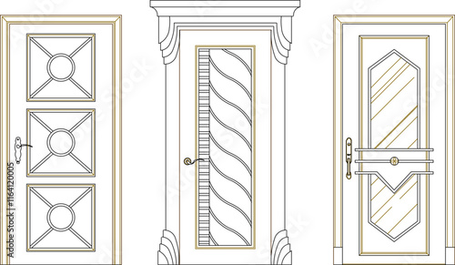 vector sketch illustration of the silhouette of a modern abstract vintage classic teak wood door furniture design with carvings.eps