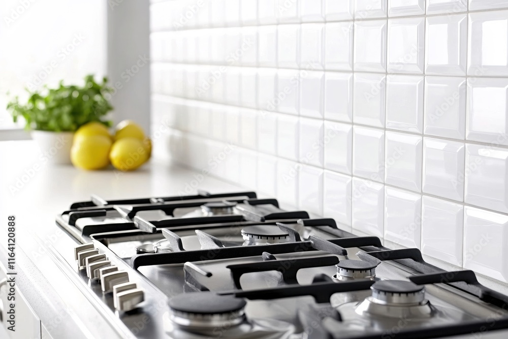 Modern kitchen gas stove with fresh herbs and lemons on a bright countertop