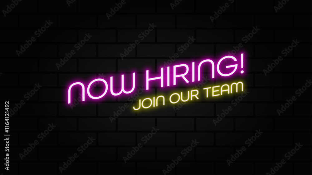 Now Hiring Neon Sign on Black Brick Wall. Job Recruitment Announcement with Bright Pink and Yellow Glowing Text. Join Our Team Vector Illustration. Now Hiring Neon Sign on Black Brick Wall. Job Recruitment Announcement with Bright Pink and Yellow Glowing Text. Join Our Team Vector Illustration.