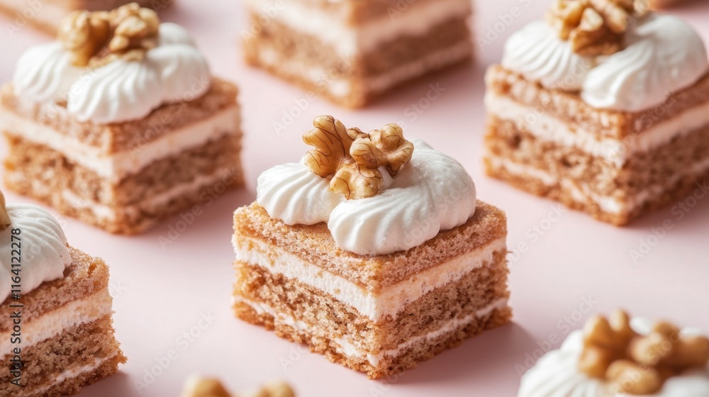 Delightful Mini Cakes with Cream and Walnut Topping on Light Background Delightful Mini Cakes with Cream and Walnut Topping on Light Background