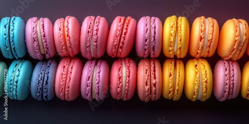 A flat lay of vibrant macarons arranged creatively on a dark surface. A delightful and colorful representation of sweets and pastries photo