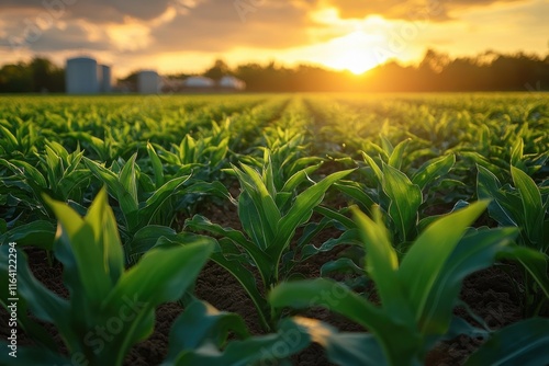 A golden cornfield glowing under a vibrant sunset. A peaceful and inspiring representation of farming and nature photo