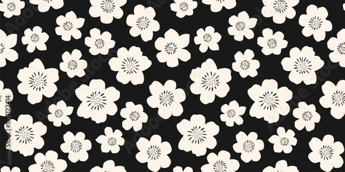 Vector floral seamless pattern. Cute simple ditsy background with big meadow flowers. Doodle children style ornament. Black and white organic texture. Repeated monochrome design for print, wallpaper