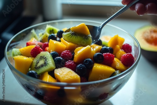 A colorful bowl of fresh fruit salad being mixed with a spoon, vibrant tropical fruits like mango, kiwi, and berries, well-lit kitchen photo