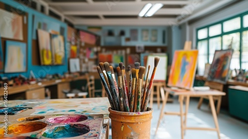 A school art room with paints, brushes, and half-finished student artwork on easels.