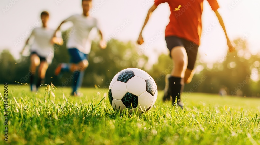 Obraz premium Group of teens playing soccer, emphasizing physical activity and injury prevention.