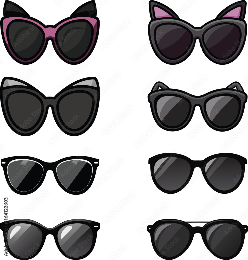 Big set of fashionable black sunglasses on white background. Black glasses isolated with shadow for your design Vector illustration Print Big set of fashionable black sunglasses on white background. Black glasses isolated with shadow for your design Vector illustration Print