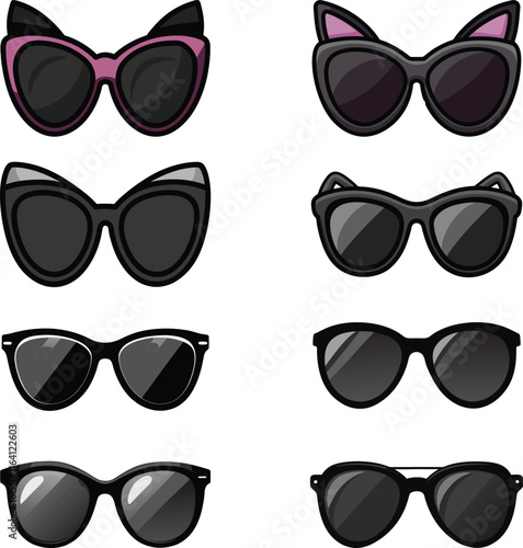 Big set of fashionable black sunglasses on white background. Black glasses isolated with shadow for your design Vector illustration Print