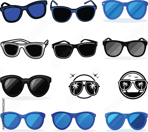Big set of fashionable blue sunglasses on white background. Black glasses isolated with shadow for your design Print