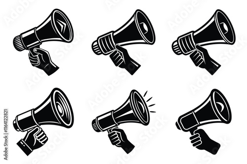 Hand Holding megaphone silhouette icon, Announcing hand mike illustration on white background	